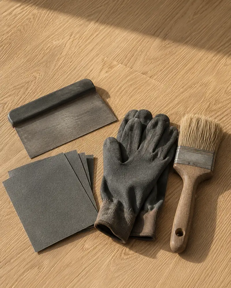 Werkzeug-Stillleben im Streiflicht: Ziehklinge, Schleifpapier, Arbeitshandschuhe und ein Pinsel auf Holz.