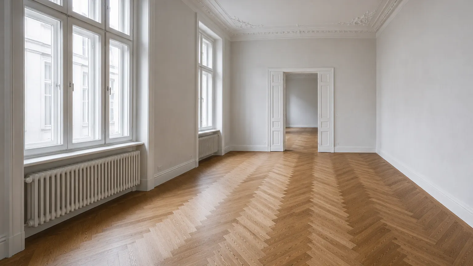 Altbauzimmer mit Fischgrätparkett, große Fensterfront und offene Flügeltür mit Blick in den Nebenraum.