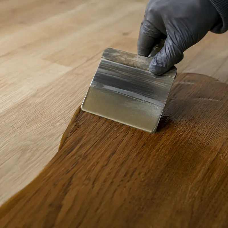 Nahaufnahme: ein Spachtel verteilt Hartwachsöl auf frisch geschliffener Eiche, das Holz dunkelt sichtbar nach.