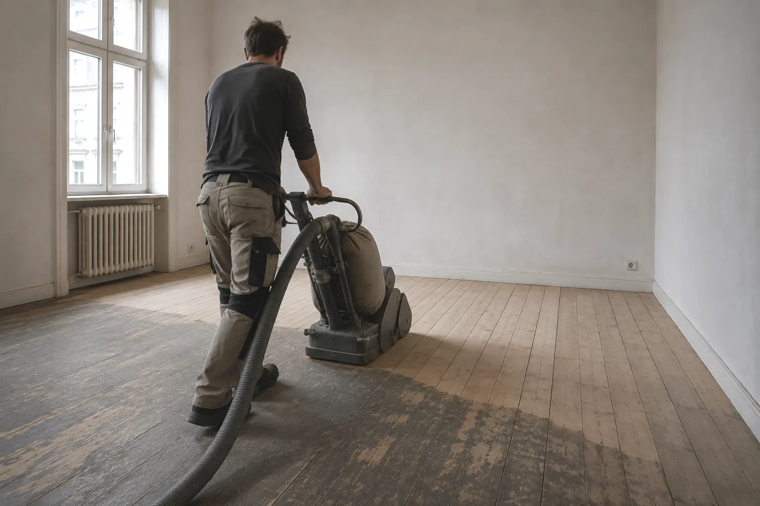 Bandschleifmaschine mit Absaugung wird über einen Holzboden geführt, hinter der Maschine ist das Holz sichtbar heller.