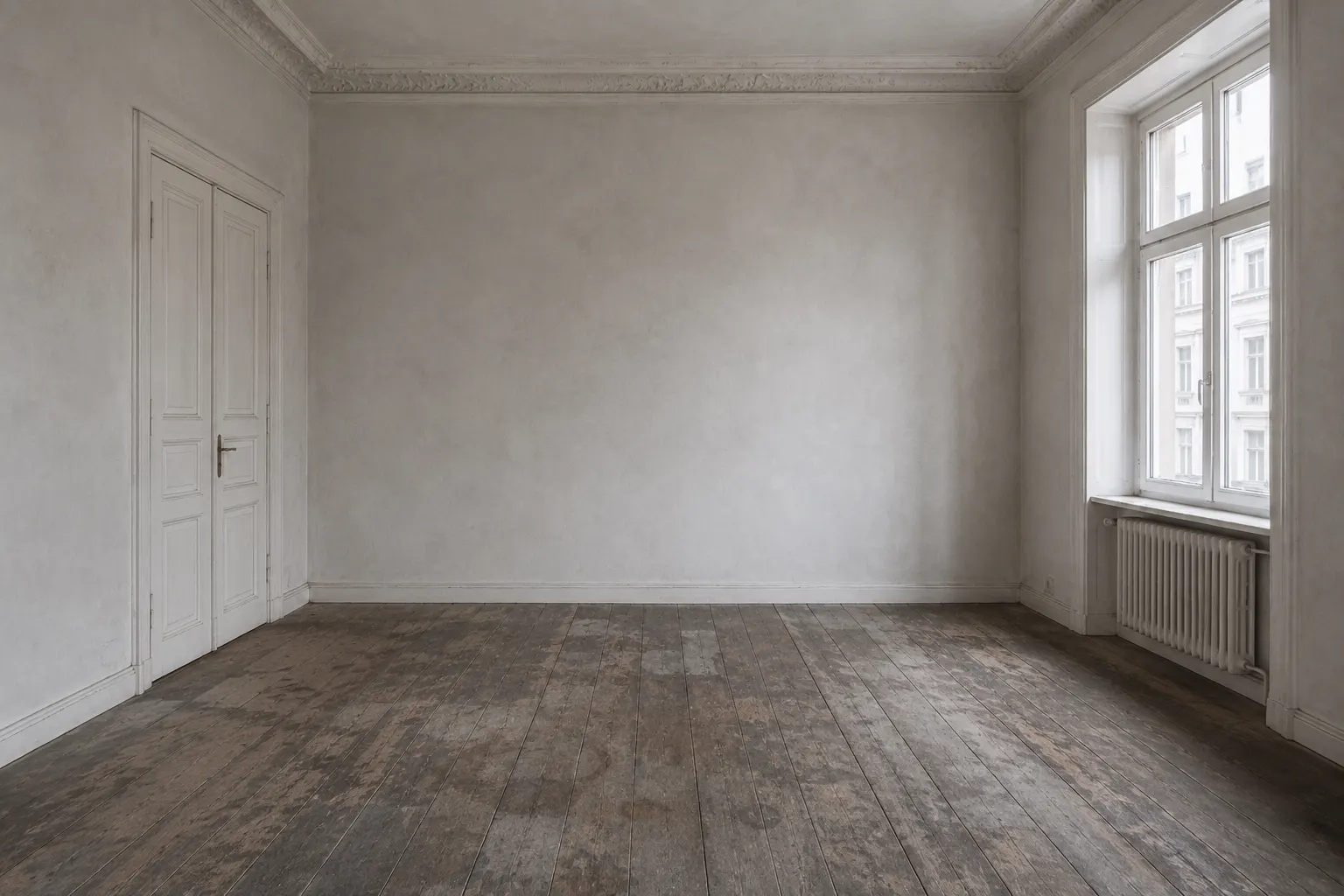 Dasselbe Zimmer mit demselben Ausschnitt, die alten Dielen sind dunkel verfärbt und fleckig.